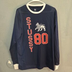 Stussy 80 Lion Mesh jersey Long Sleeve Shirt Navy Red Mens Medium